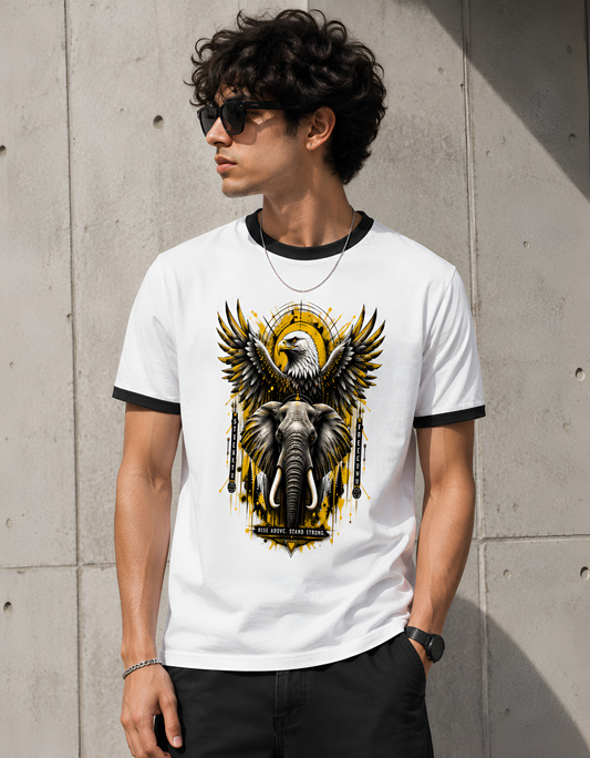 Rise Above, Stand Strong Eagle & Elephant Graphic Unisex Ringer T-Shirt