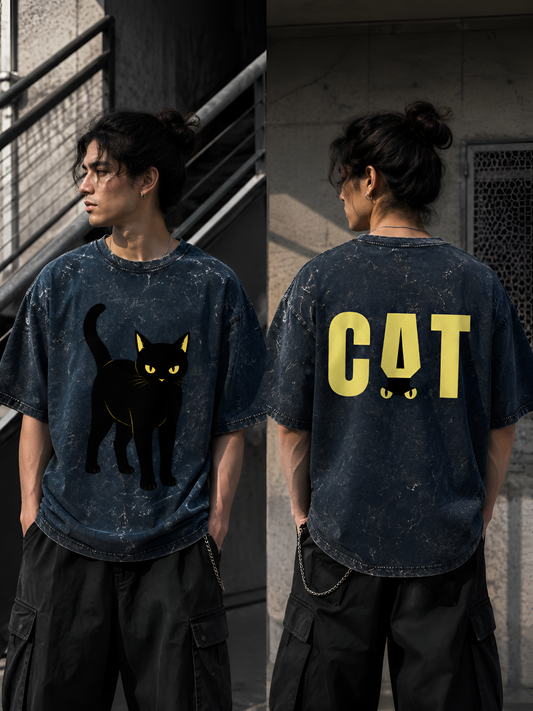 Acid Wash Black Cat Oversized Unisex Tee