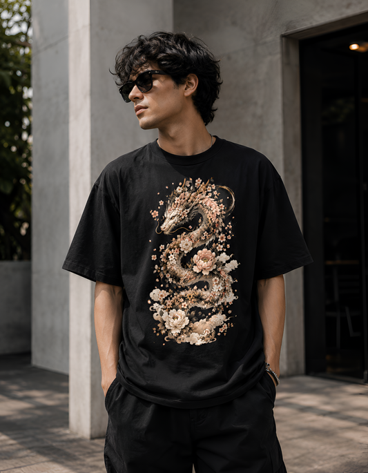 Floral Dragon Graphic Unisex Terry Oversized Tee