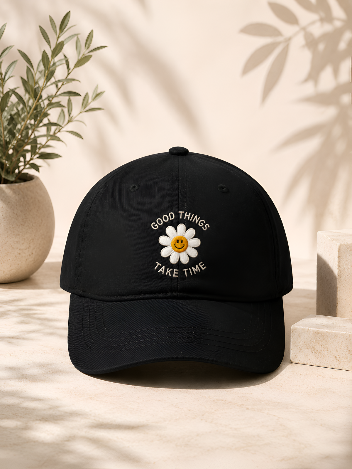 Good Things Take Time Embroidered Black Baseball Cap