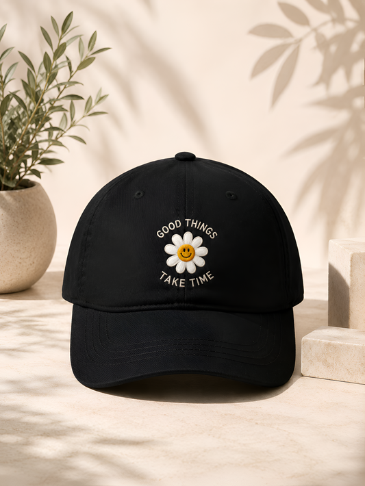 Good Things Take Time Embroidered Black Baseball Cap