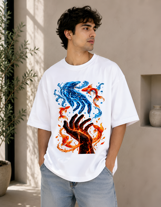 Elemental Harmony Fire & Water Koi Unisex Oversized T-Shirt