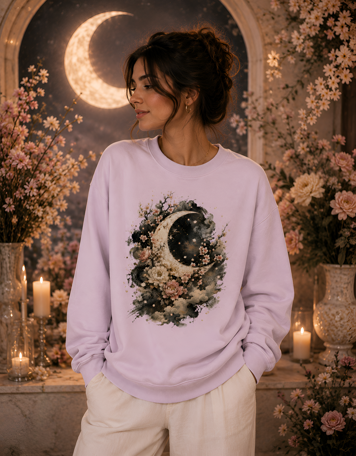 Celestial Floral Moon Graphic Unisex Oversized Sweatshirt