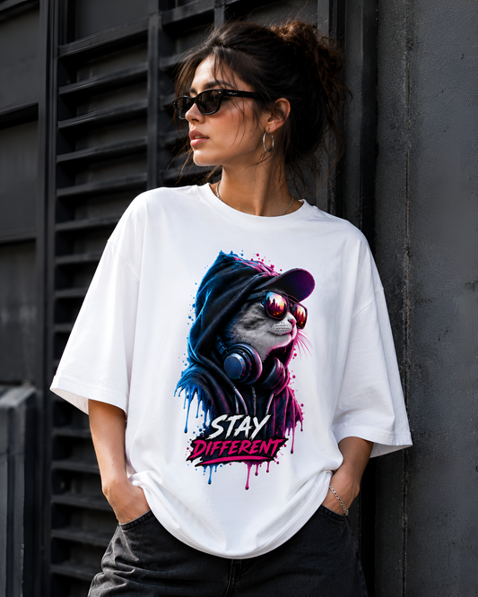 "Stay Different" Neon Cyberpunk Cat Unisex Oversized T-Shirt