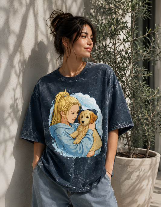 Anime Girl Hugging Puppy Oversized Unisex Acid Wash T-Shirt | Cute Dog Lover Graphic Tee