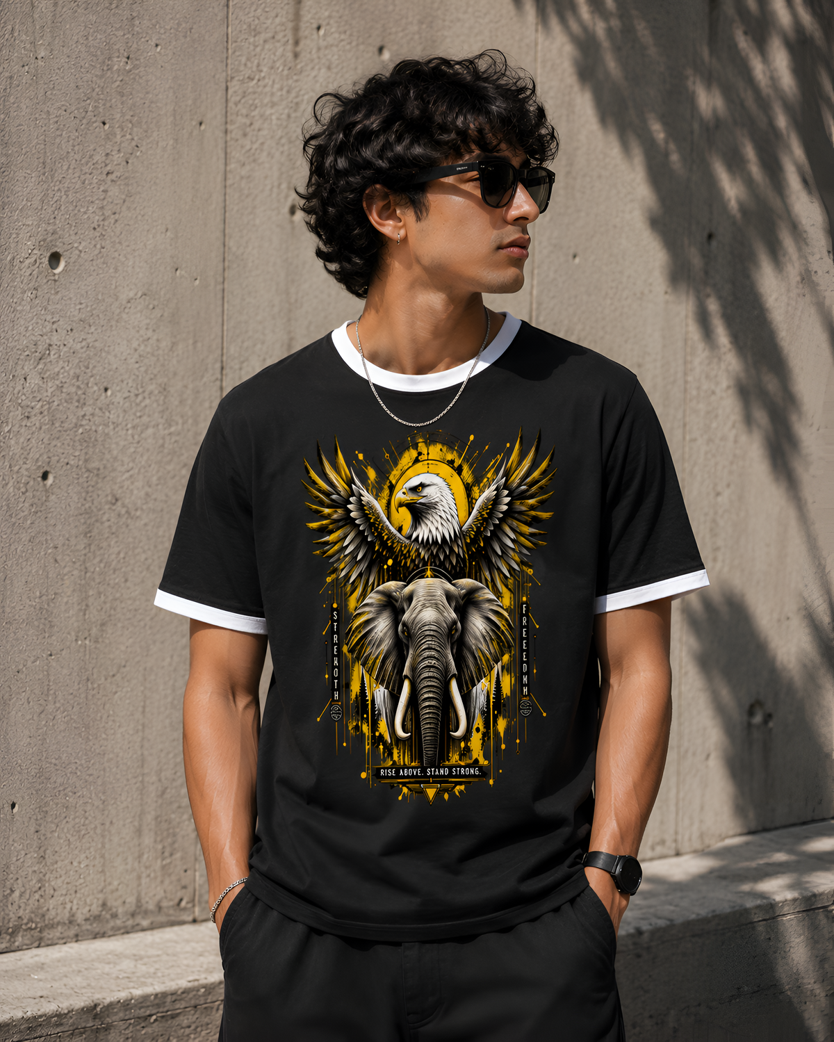 Rise Above, Stand Strong Eagle & Elephant Graphic Unisex Ringer T-Shirt