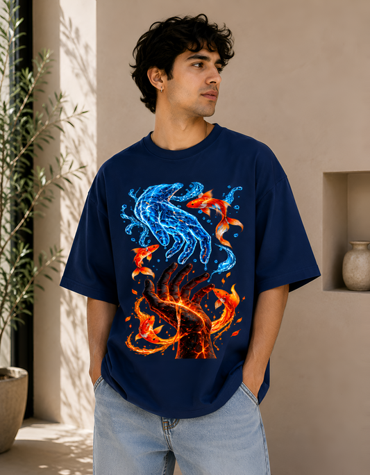 Elemental Harmony Fire & Water Koi Unisex Oversized T-Shirt