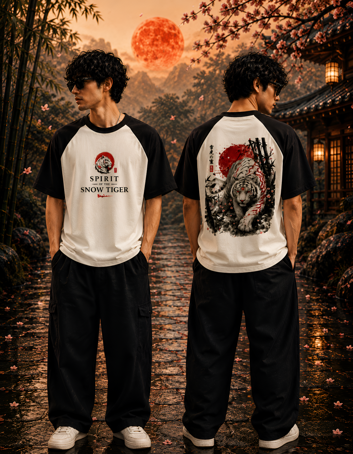 Japanese White Tiger Graphic Unisex Oversized Raglan Tee