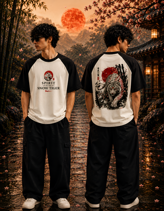Japanese White Tiger Graphic Unisex Oversized Raglan Tee