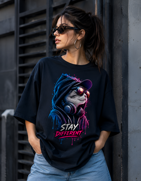 "Stay Different" Neon Cyberpunk Cat Unisex Oversized T-Shirt