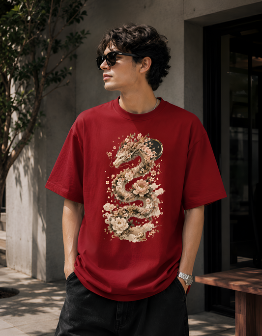 Floral Dragon Graphic Unisex Terry Oversized Tee