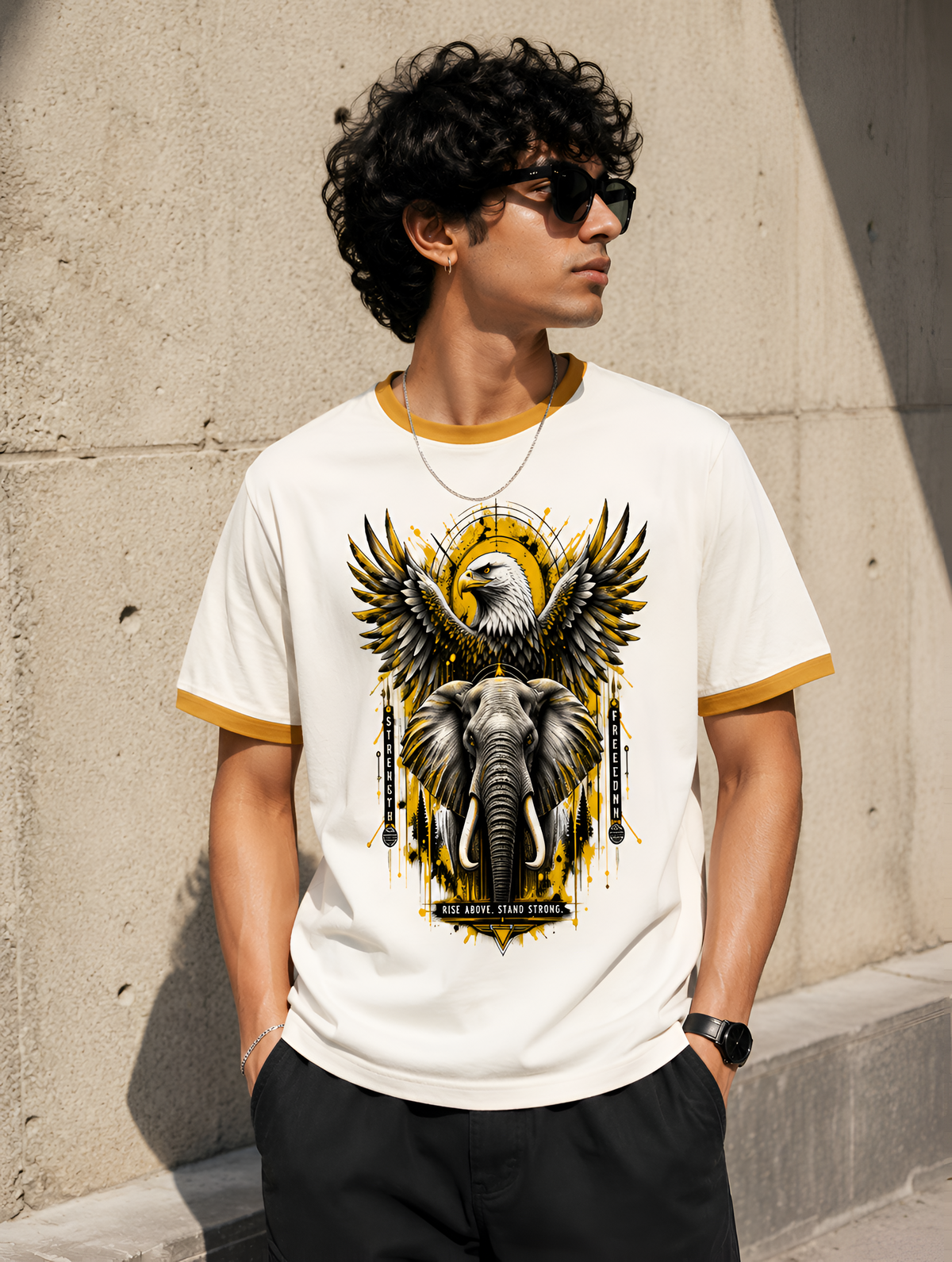 Rise Above, Stand Strong Eagle & Elephant Graphic Unisex Ringer T-Shirt