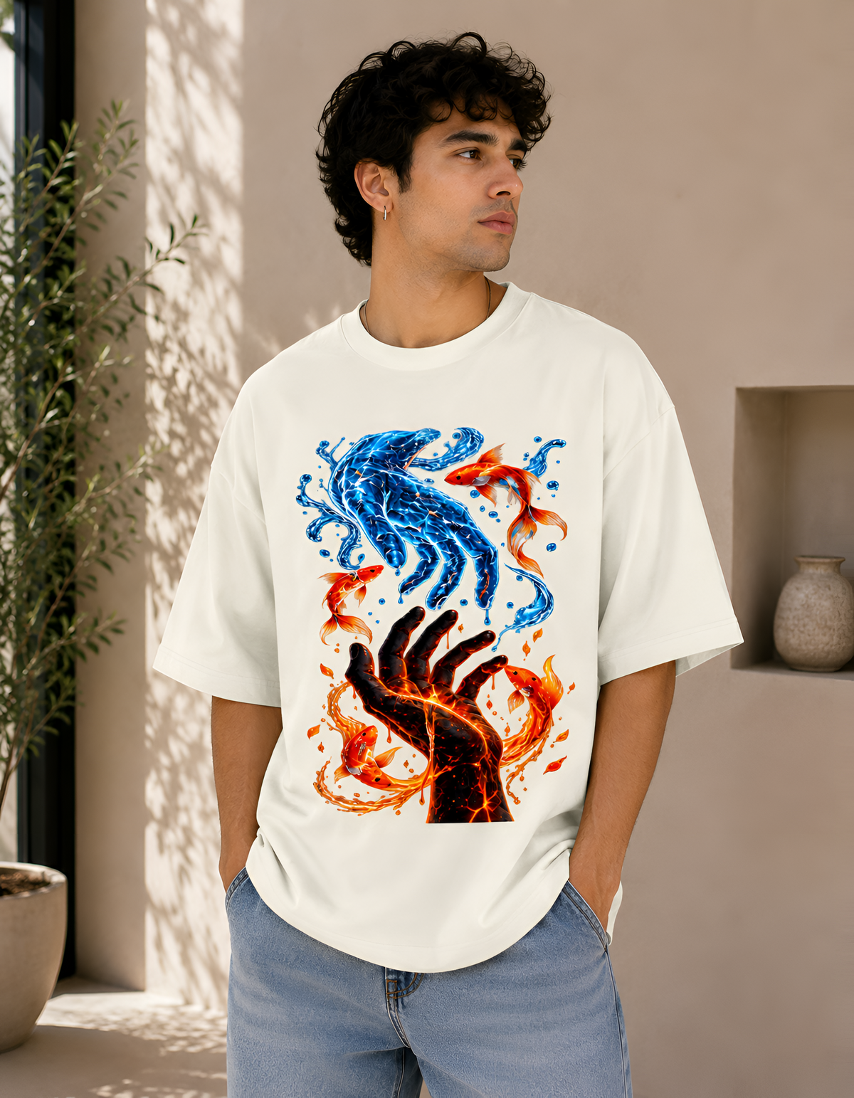 Elemental Harmony Fire & Water Koi Unisex Oversized T-Shirt