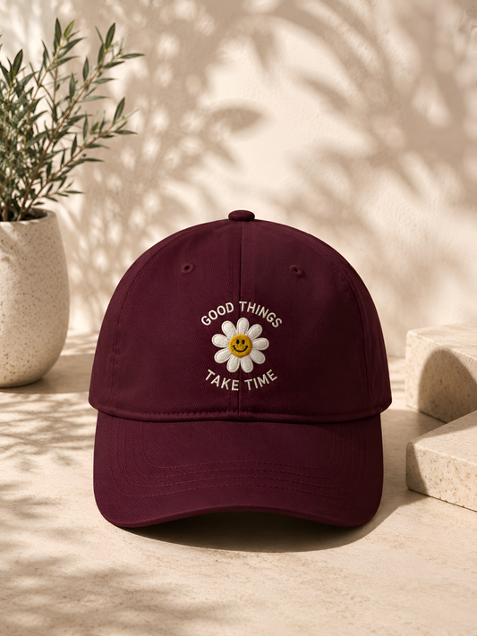 Good Things Take Time Embroidered Black Baseball Cap