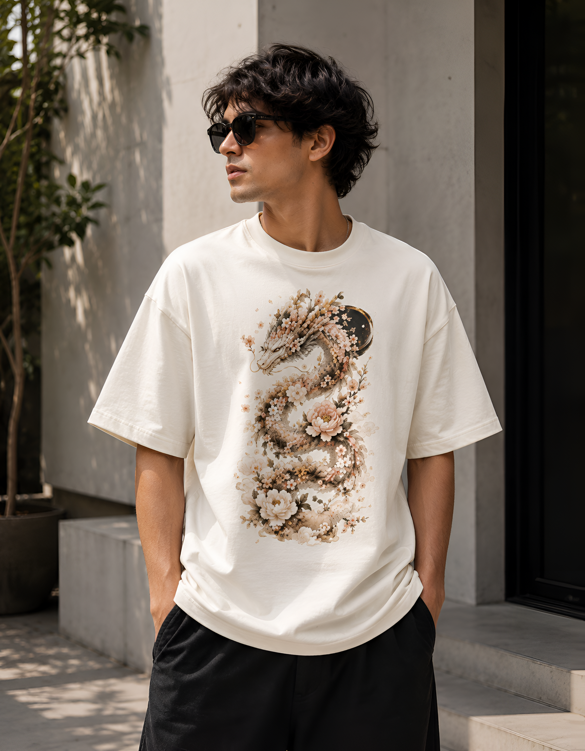 Floral Dragon Graphic Unisex Terry Oversized Tee