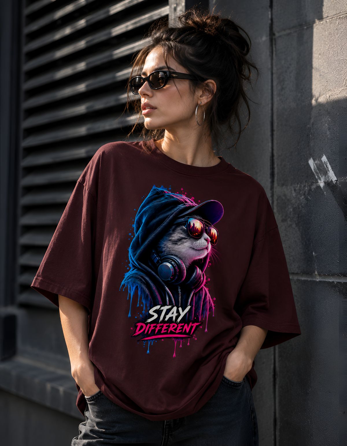"Stay Different" Neon Cyberpunk Cat Unisex Oversized T-Shirt