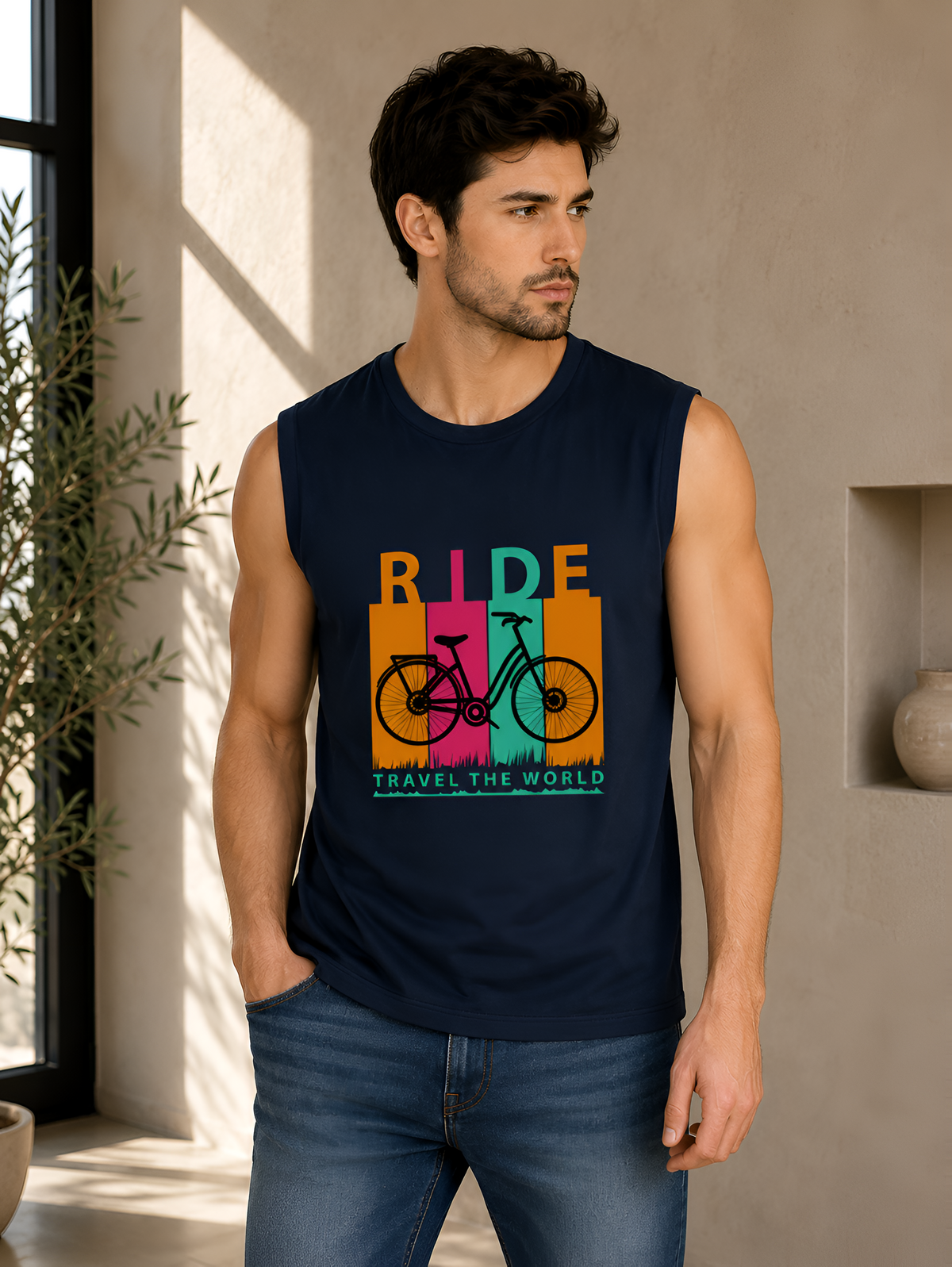 Ride Travel the World Bicycle Graphic Men's Tank Top