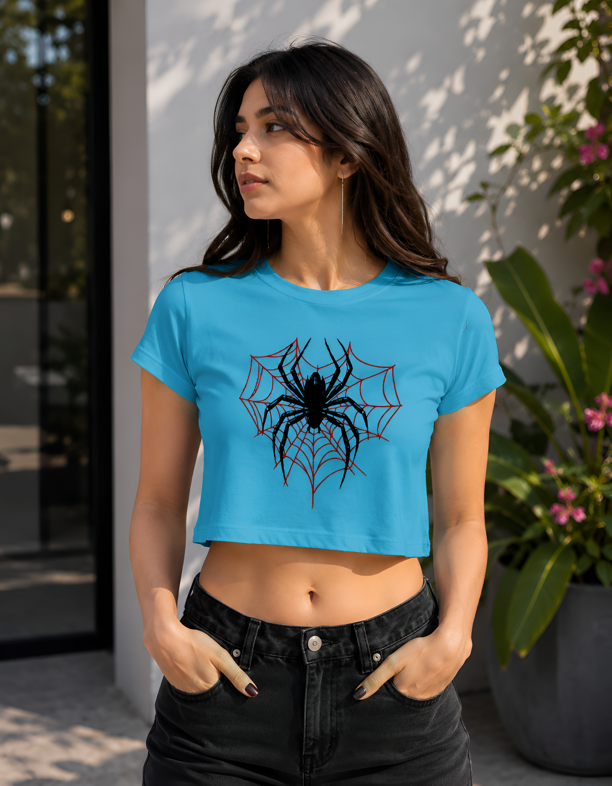 Edgy Spider & Web Graphic Crop Top
