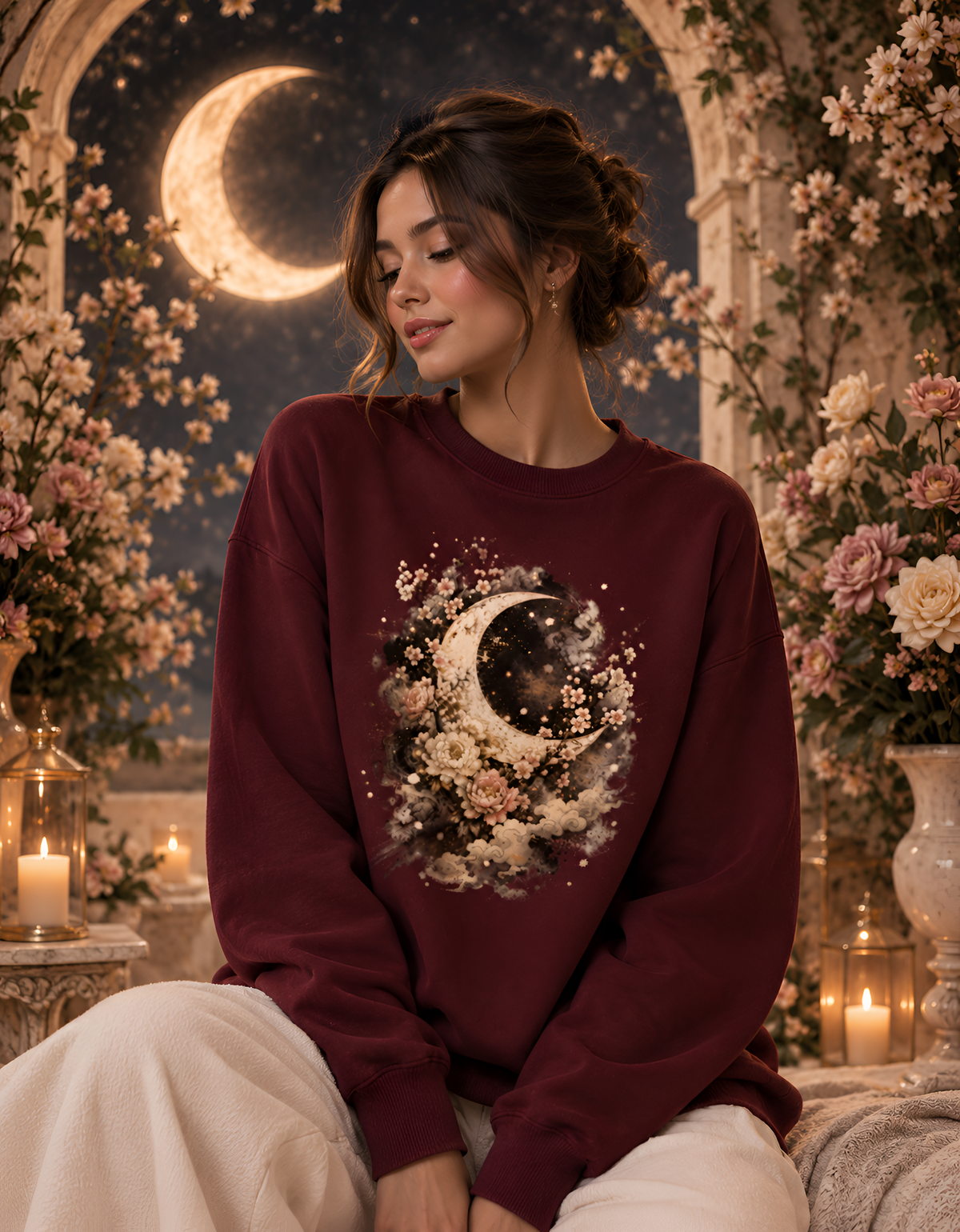 Celestial Floral Moon Graphic Unisex Oversized Sweatshirt