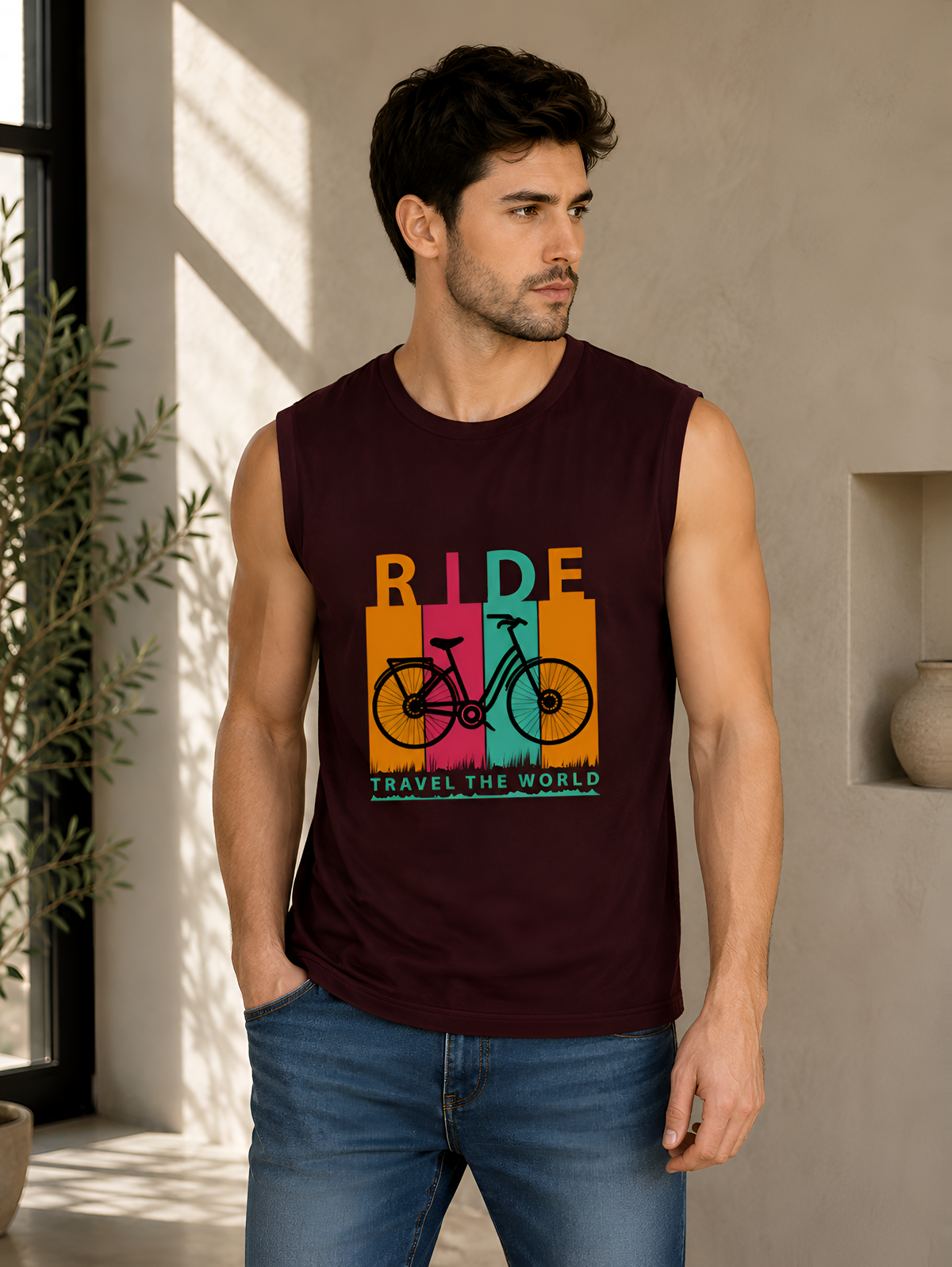 Ride Travel the World Bicycle Graphic Men's Tank Top