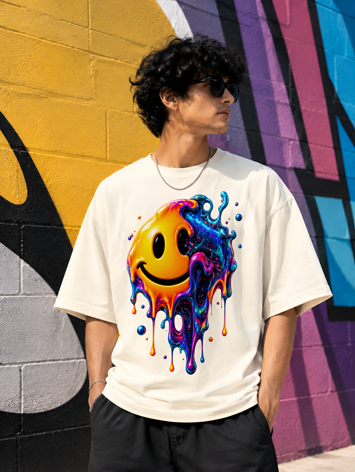 Melting Cosmic Smiley Unisex Oversized T-Shirt