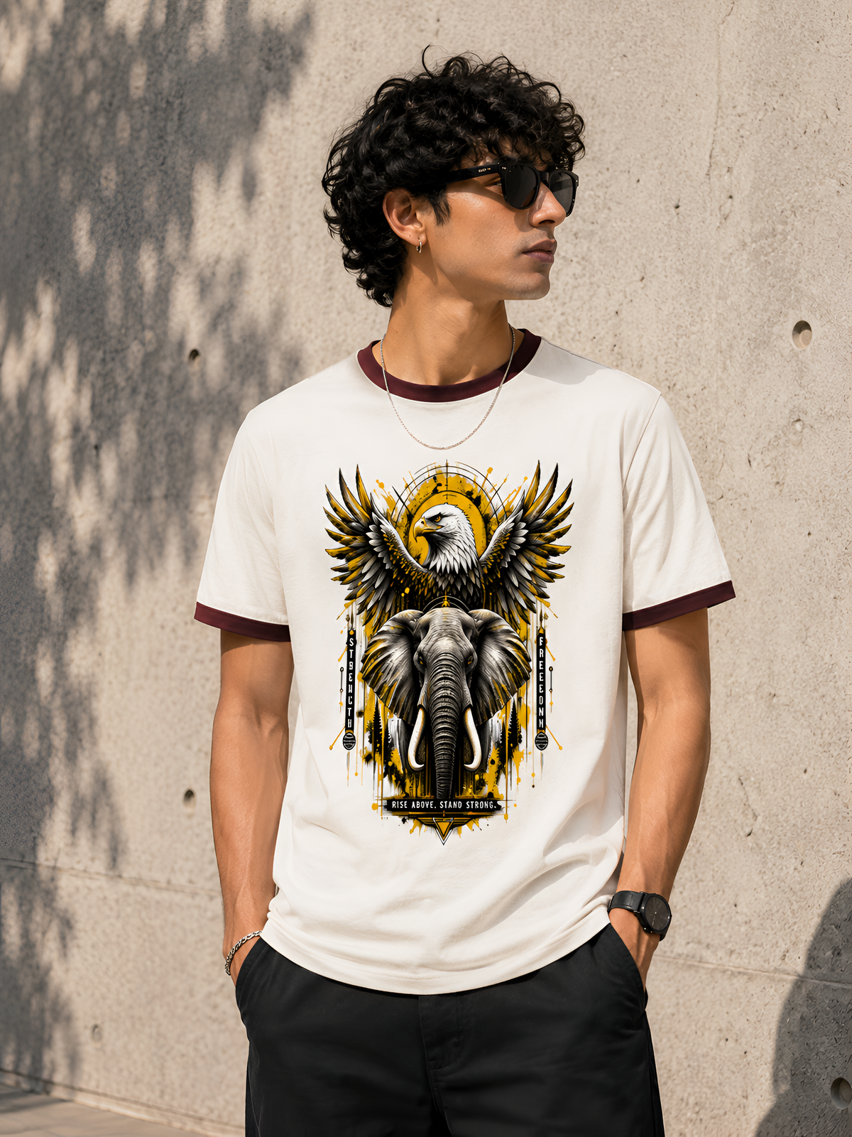 Rise Above, Stand Strong Eagle & Elephant Graphic Unisex Ringer T-Shirt