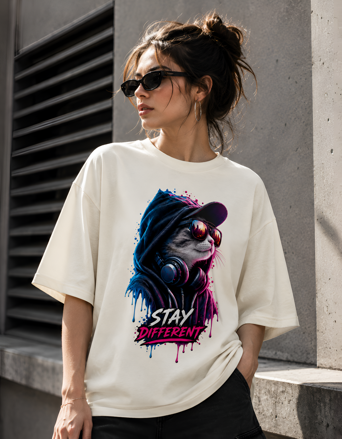 "Stay Different" Neon Cyberpunk Cat Unisex Oversized T-Shirt