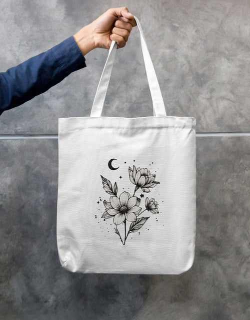 Floral Moon Celestial White Canvas Tote Zipper Bag