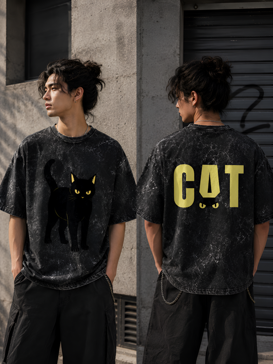 Acid Wash Black Cat Oversized Unisex Tee
