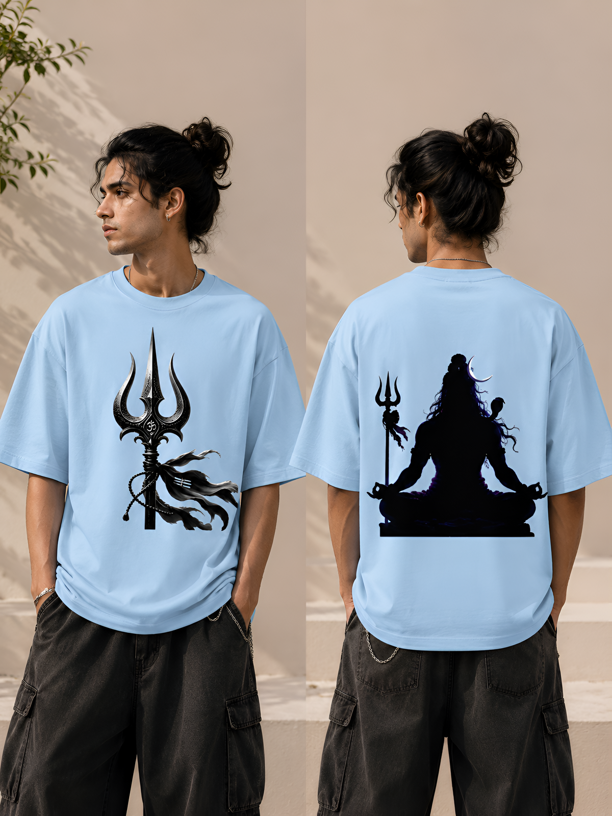 Meditating Lord Shiva & Trishul Unisex Terry Oversized Tee - Off White