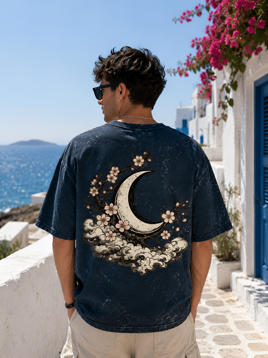 Vintage Crescent Moon & Sakura Unisex Oversized Acid Wash T-Shirt | Japanese Aesthetic Graphic Tee