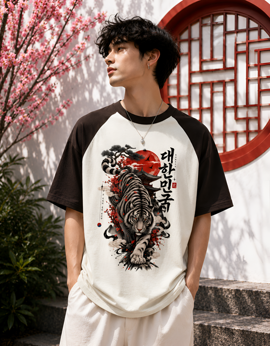Korean White Tiger Raglan Unisex Oversized Tee