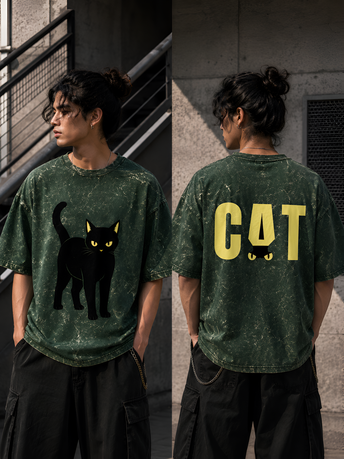 Acid Wash Black Cat Oversized Unisex Tee