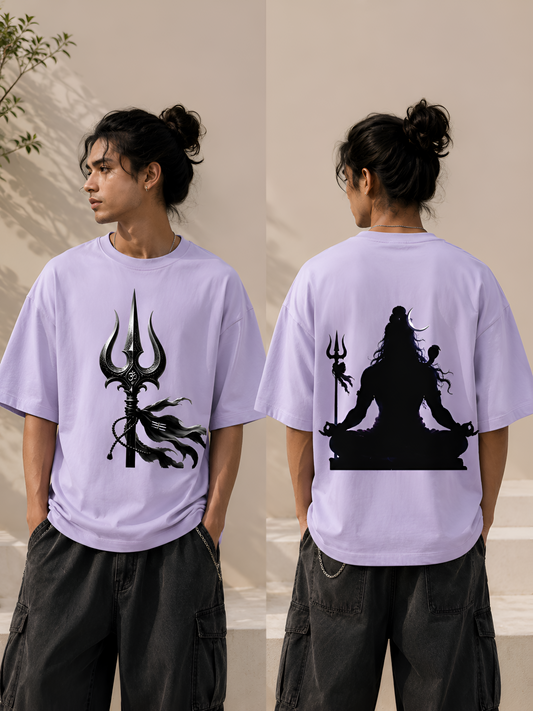 Meditating Lord Shiva & Trishul Unisex Terry Oversized Tee - Off White