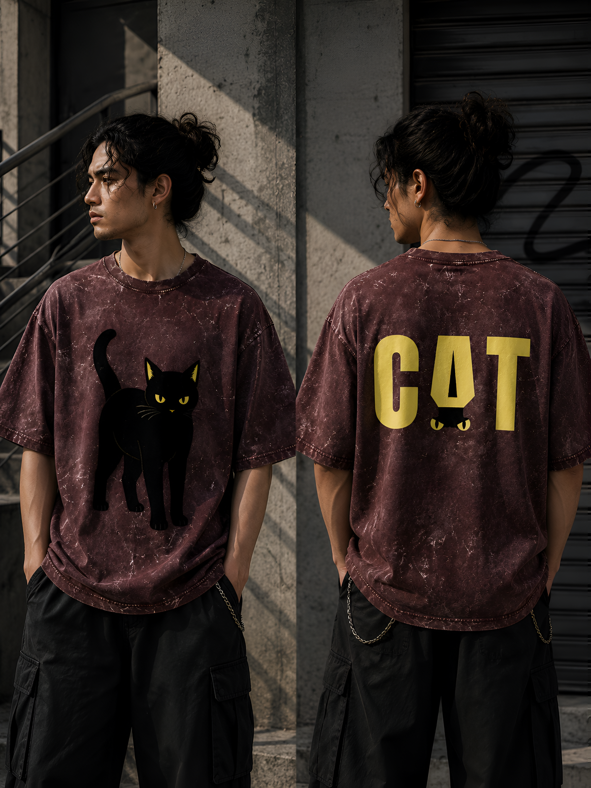 Acid Wash Black Cat Oversized Unisex Tee
