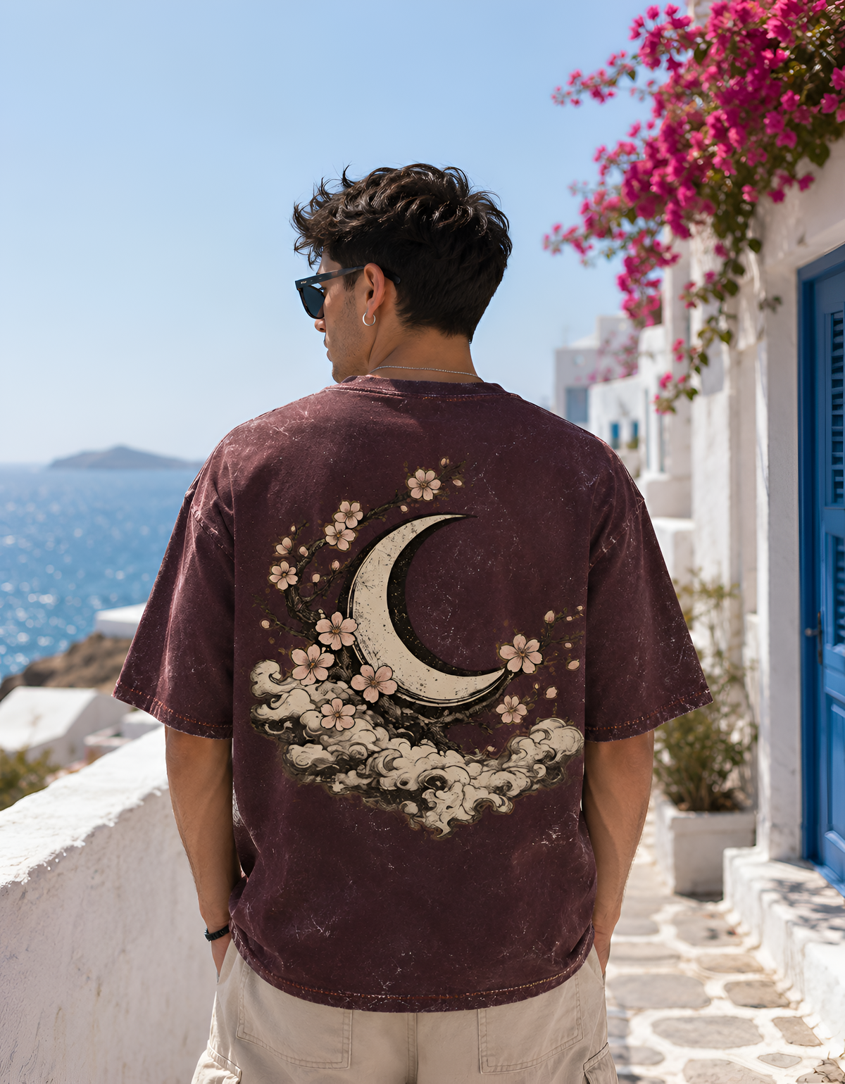 Vintage Crescent Moon & Sakura Unisex Oversized Acid Wash T-Shirt | Japanese Aesthetic Graphic Tee