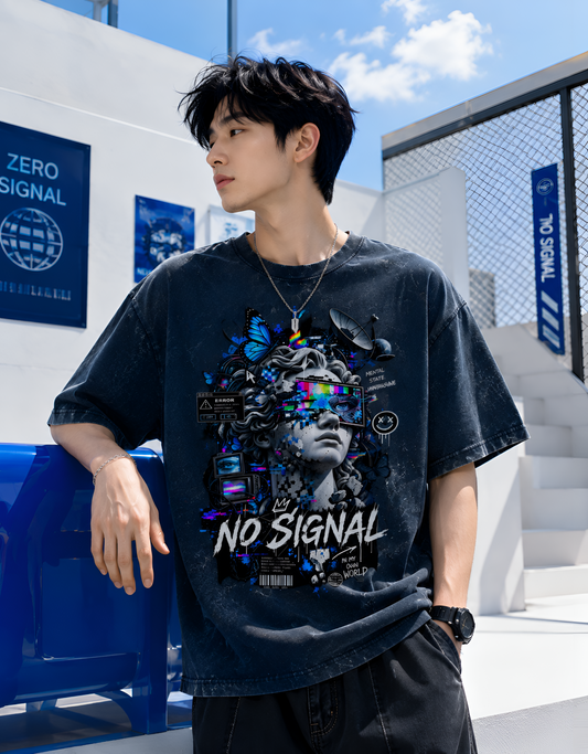 No Signal Glitch Statue Acid Wash Unisex Oversized Tee