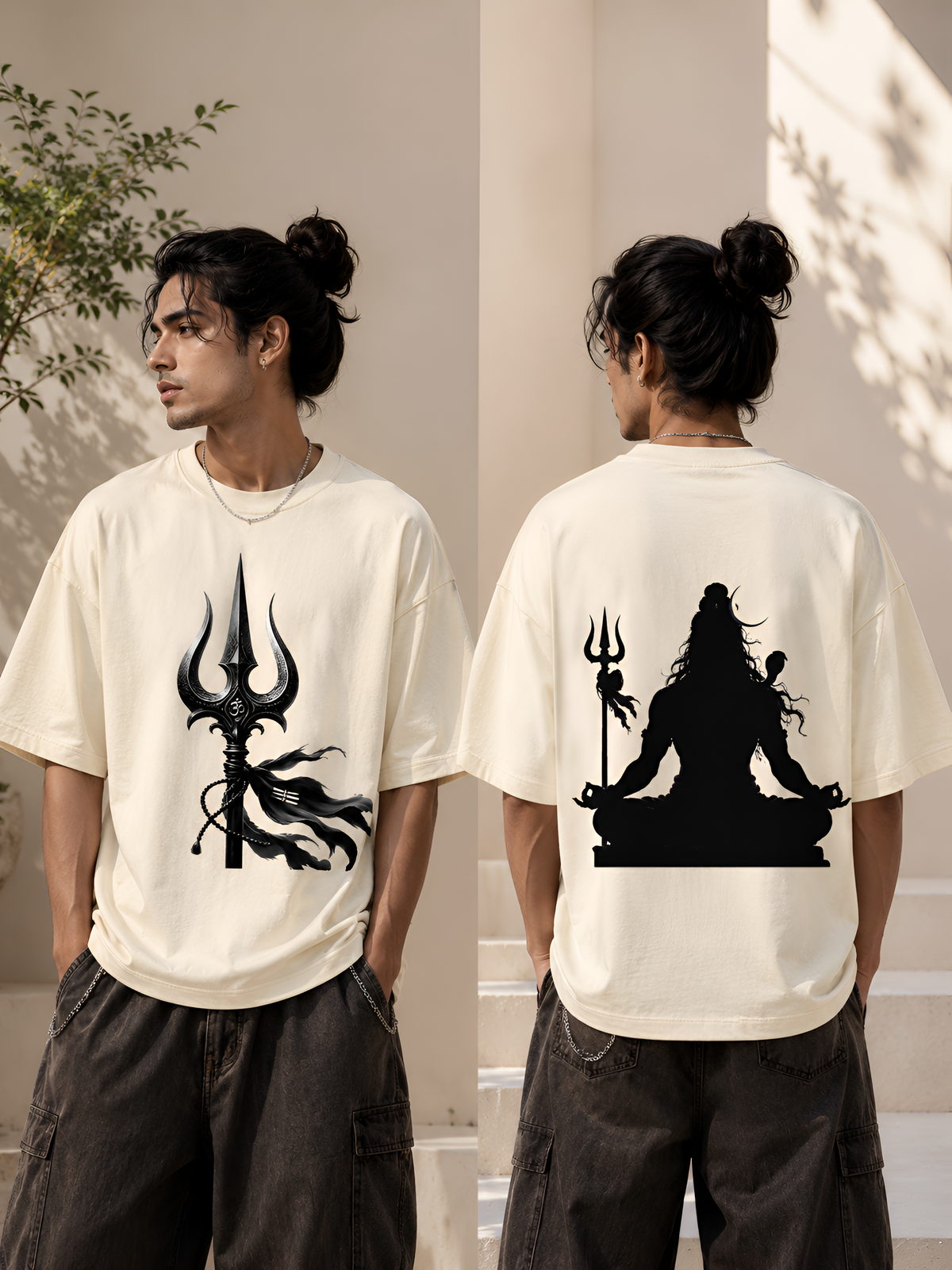 Meditating Lord Shiva & Trishul Unisex Terry Oversized Tee - Off White