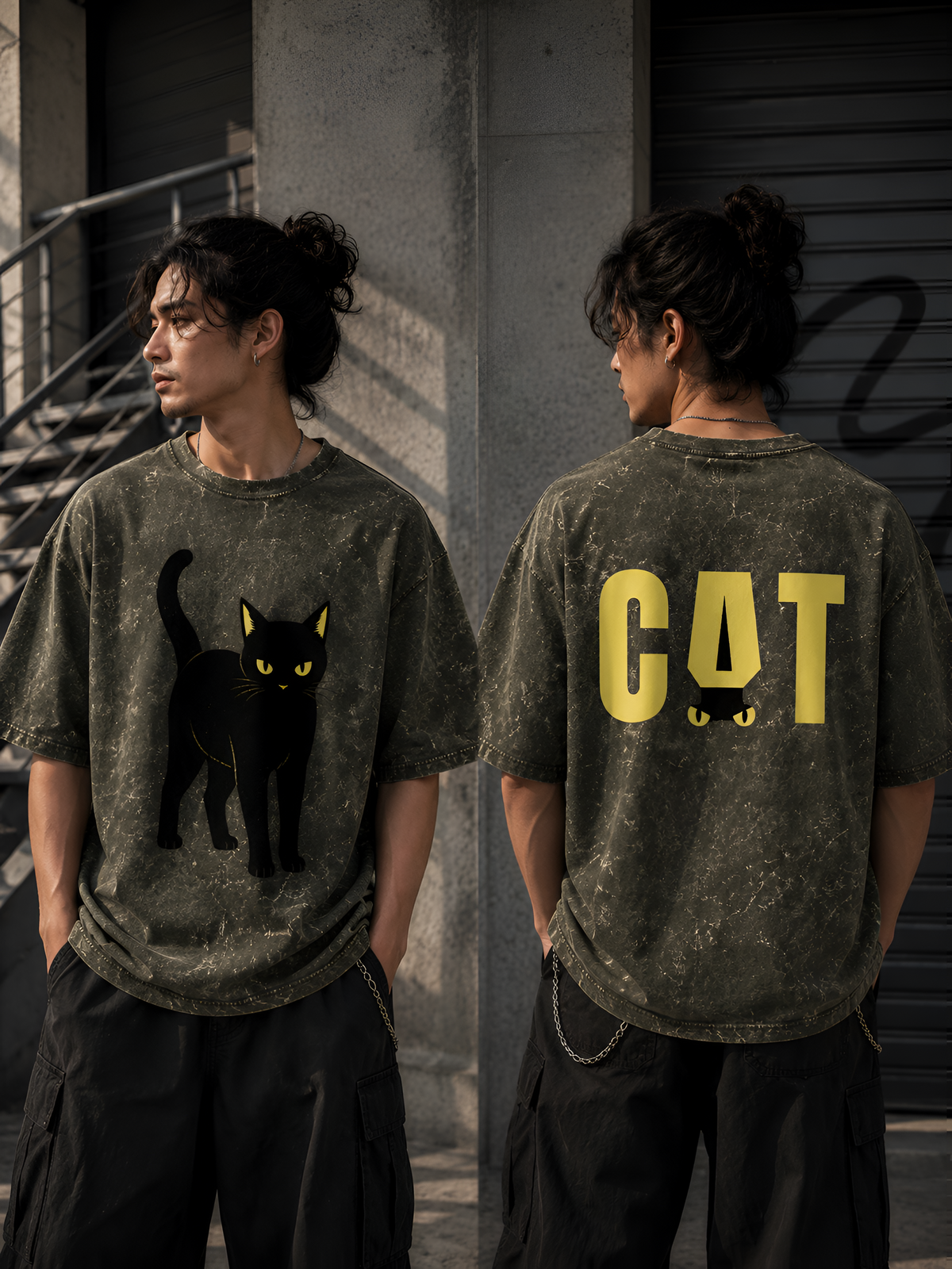 Acid Wash Black Cat Oversized Unisex Tee