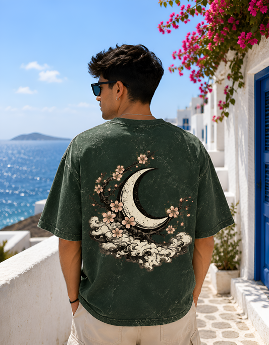Vintage Crescent Moon & Sakura Unisex Oversized Acid Wash T-Shirt | Japanese Aesthetic Graphic Tee