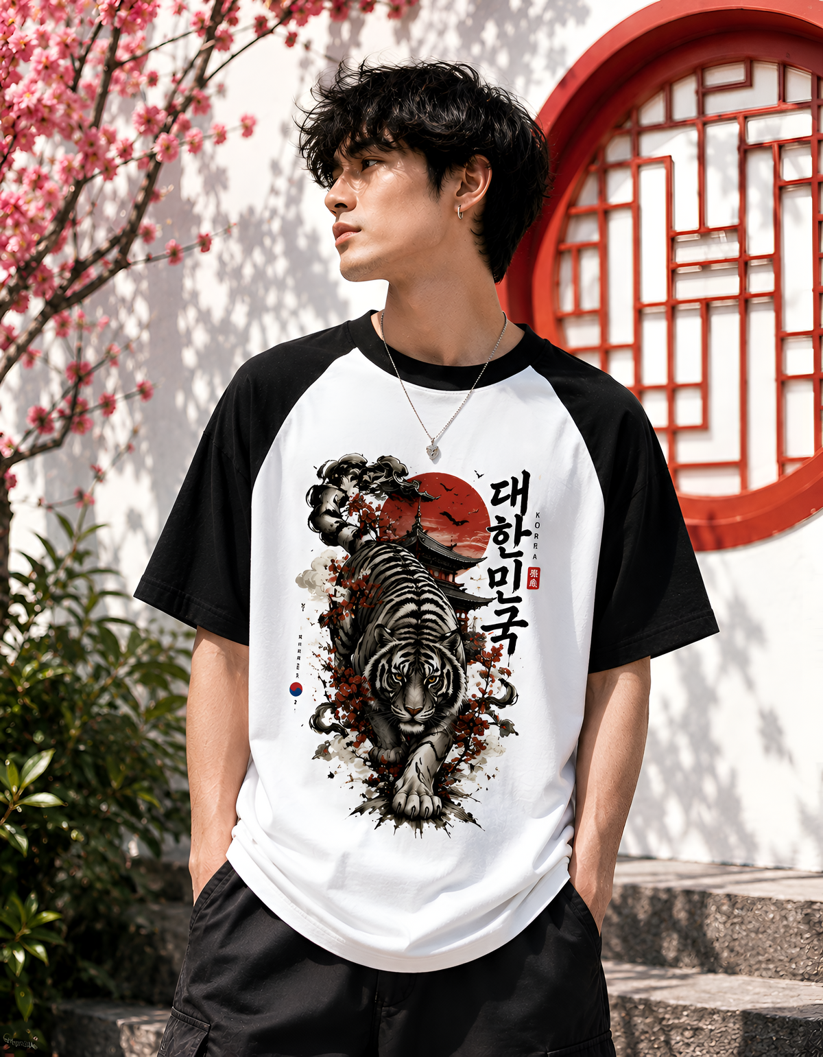 Korean White Tiger Raglan Unisex Oversized Tee
